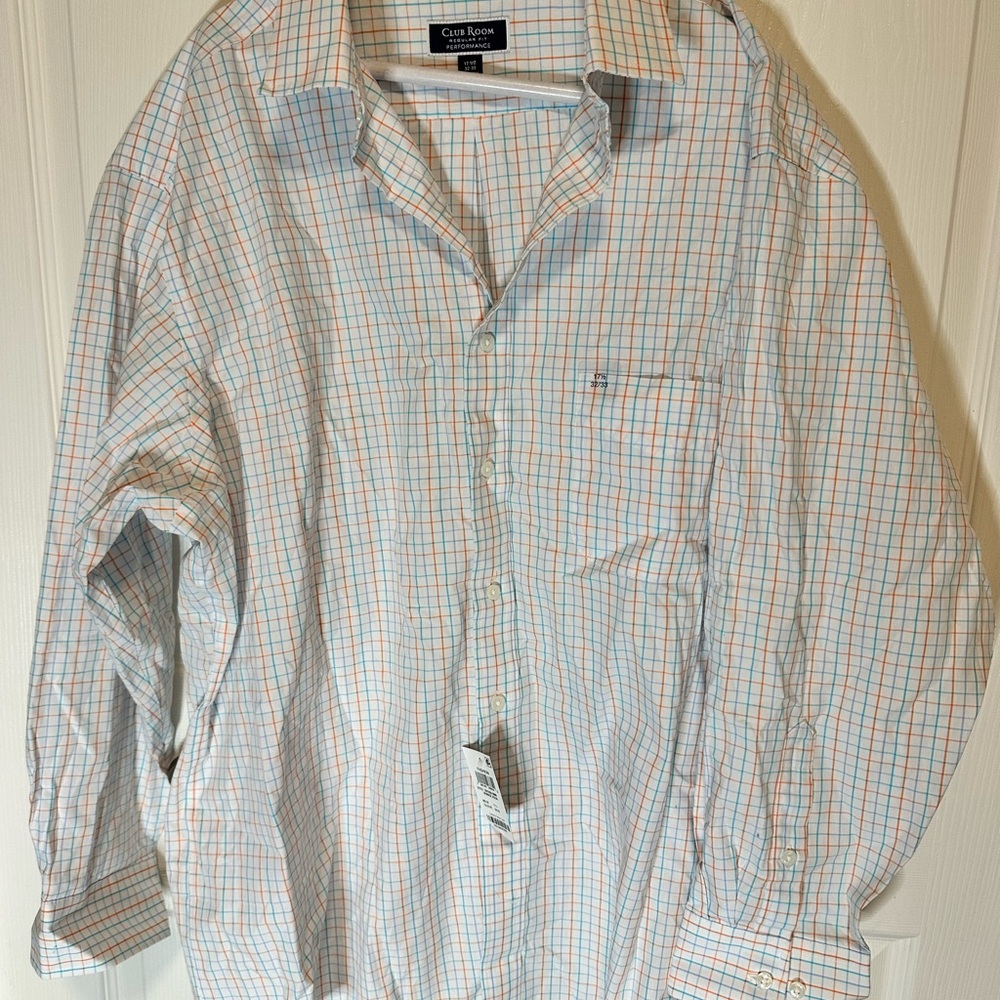Club Room Men's Blue and Orange Checkered Shirt